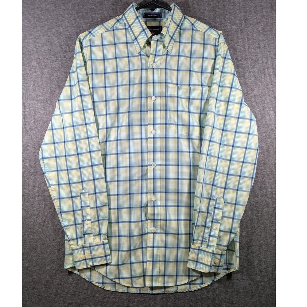 Saddlebred Wrinkle Free Plaid Button Down Shirt Green Blue Long Sleeve Sz Small
